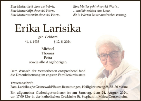 Traueranzeige von Erika Larisika von Allgemeine Zeitung Mainz