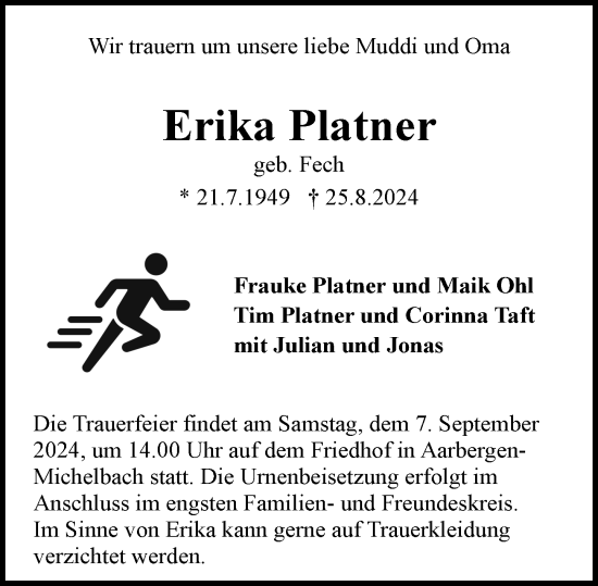 Traueranzeige von Erika Platner von Wiesbadener Kurier