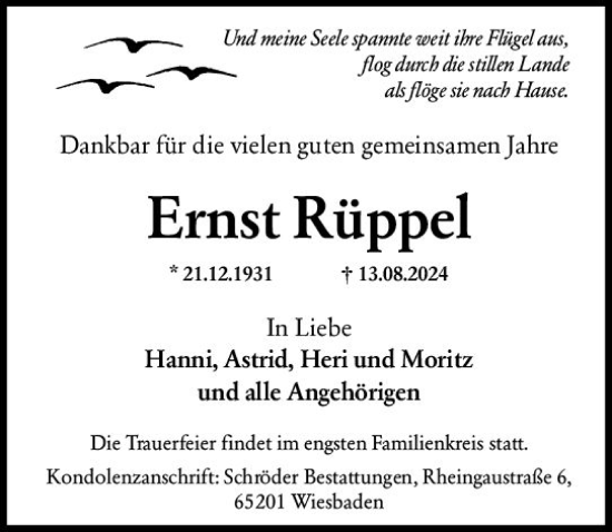 Traueranzeige von Ernst Rüppel von Wiesbadener Kurier
