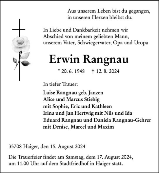 Traueranzeige von Erwin Rangnau von Dill Block