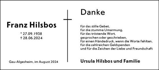 Traueranzeige von Franz Hilsbos von Allgemeine Zeitung Rheinhessen-Nahe
