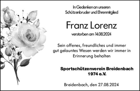Traueranzeige von Franz Lorenz von Hinterländer Anzeiger