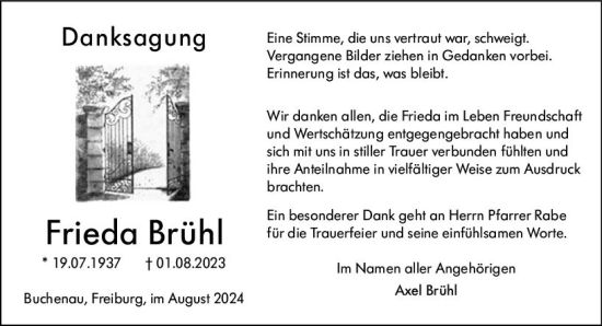 Traueranzeige von Frieda Brühl von Hinterländer Anzeiger