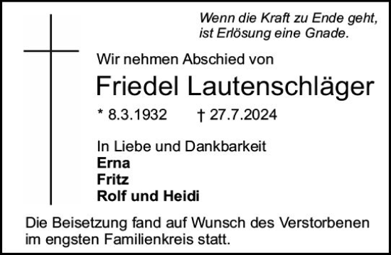 Traueranzeige von Friedel Lautenschläger von Darmstädter Echo