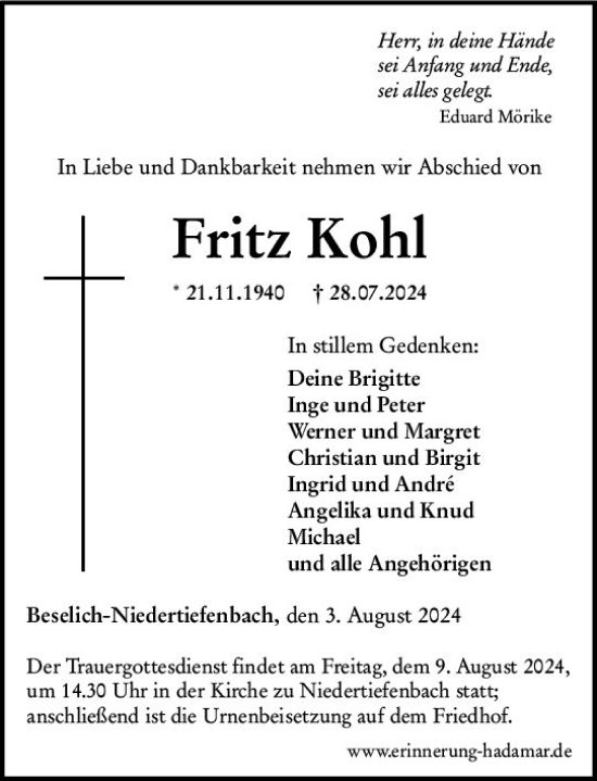 Traueranzeige von Fritz Kohl von Weilburger Tageblatt