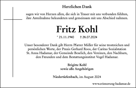 Traueranzeige von Fritz Kohl von Weilburger Tageblatt