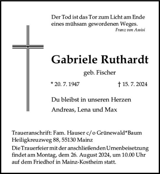 Traueranzeige von Gabriele Ruthardt von Allgemeine Zeitung Mainz