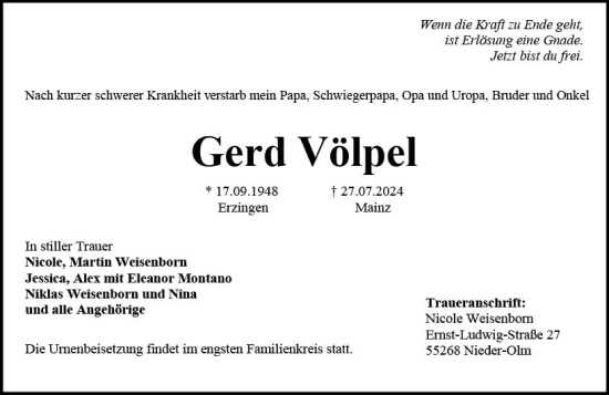 Traueranzeige von Gerd Völpel von Allgemeine Zeitung Mainz