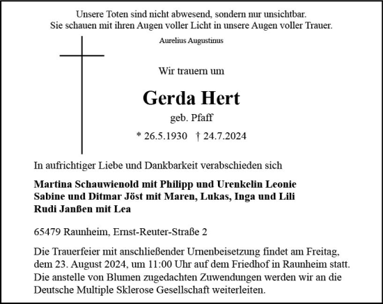 Traueranzeige von Gerda Hert von Rüsselsheimer Echo