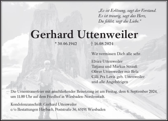 Traueranzeige von Gerhard Uttenweiler von Wiesbadener Kurier