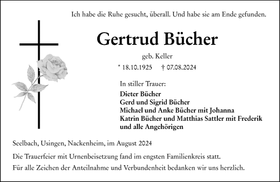 Traueranzeige von Gertrud Bücher von Weilburger Tageblatt