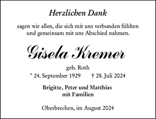 Traueranzeige von Gisela Kremer von Camberger Anzeiger