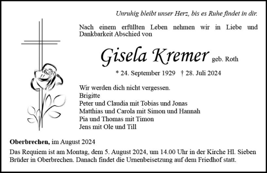 Traueranzeige von Gisela Kremer von Camberger Anzeiger