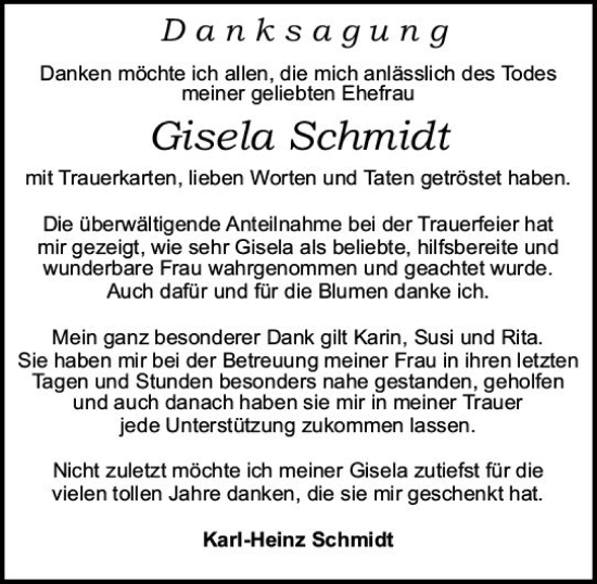 Traueranzeige von Gisela Schmidt von Odenwälder Echo