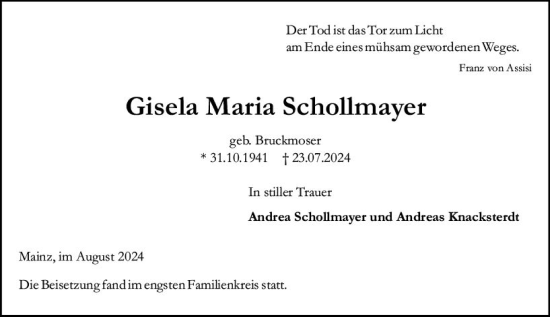 Traueranzeige von Gisela Maria Schollmayer von Allgemeine Zeitung Mainz
