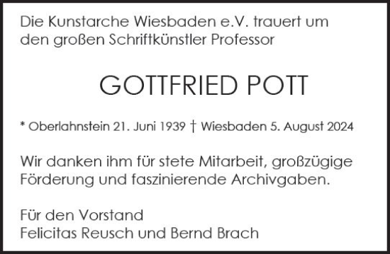 Traueranzeige von Gottfried Pott von Wiesbadener Kurier