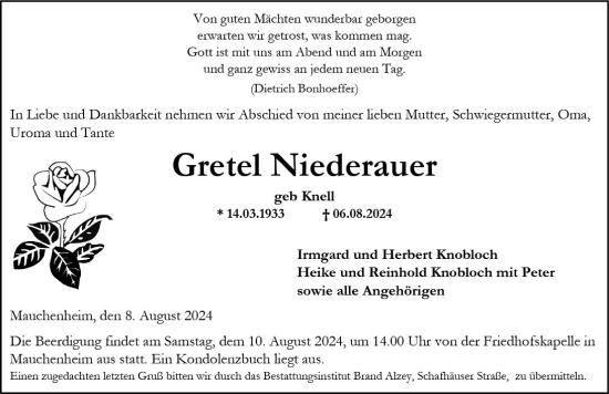 Traueranzeige von Gretel Niederauer von Allgemeine Zeitung Alzey