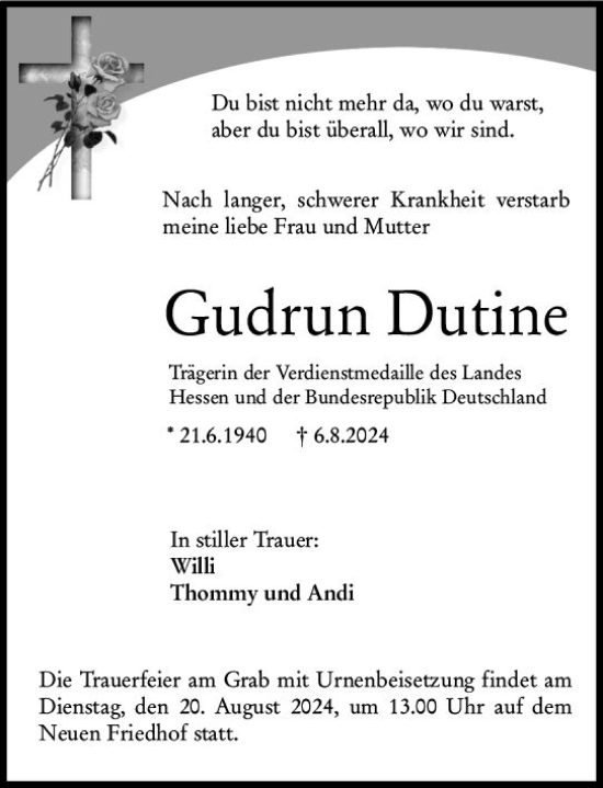 Traueranzeige von Gudrun Dutine von Hochheimer Zeitung