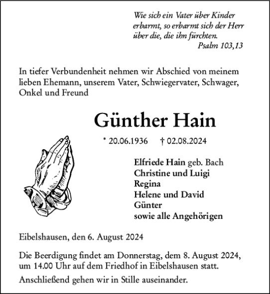 Traueranzeige von Günther Hain von Dill Block