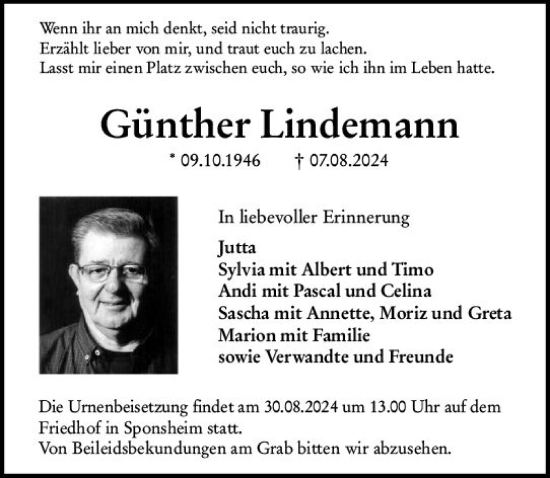 Traueranzeige von Günther Lindemann von Binger-/Ingelheimer Wochenblatt