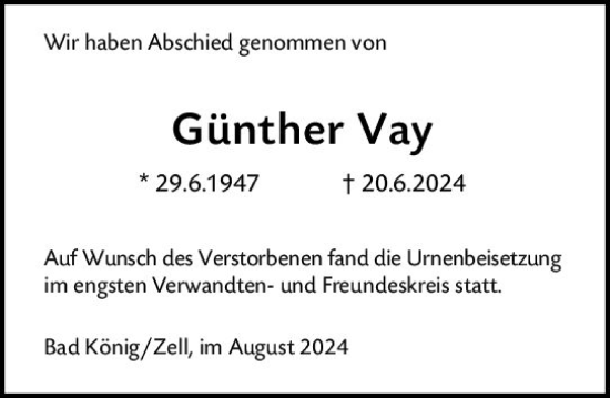 Traueranzeige von Günther Vay von Odenwälder Echo