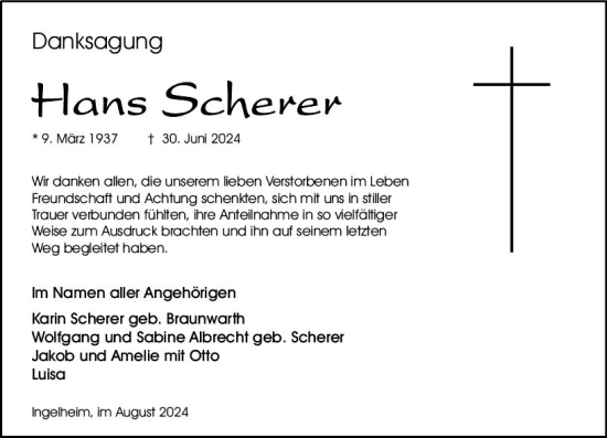 Traueranzeige von Hans Scherer von Allgemeine Zeitung Rheinhessen-Nahe