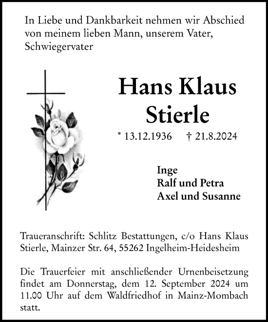 Traueranzeige von Hans Klaus Stierle von Allgemeine Zeitung Mainz