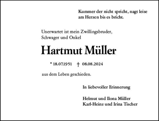 Traueranzeige von Hartmut Müller von Idsteiner Land/Untertaunus