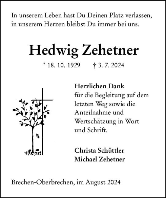 Traueranzeige von Hedwig Zehetner von Camberger Anzeiger