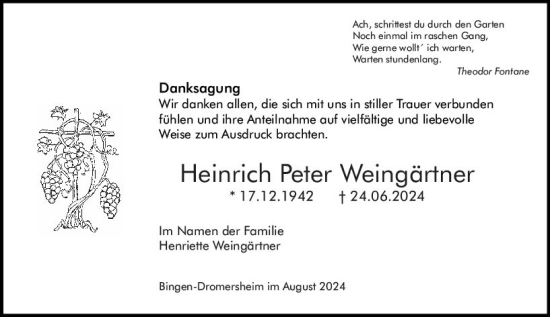 Traueranzeige von Heinrich Peter Weingärtner von Binger-/Ingelheimer Wochenblatt