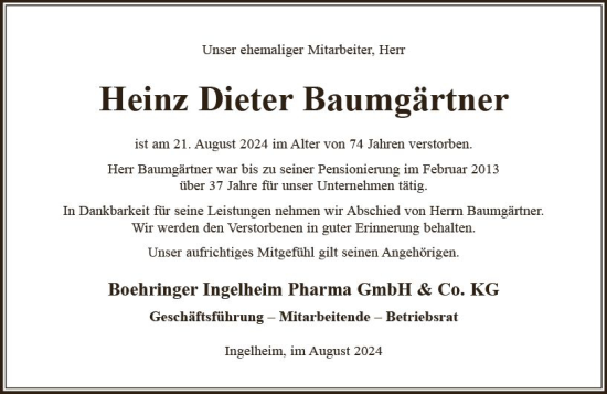 Traueranzeige von Heinz Dieter Baumgärtner von Allgemeine Zeitung Rheinhessen-Nahe