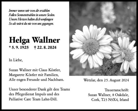 Traueranzeige von Helga Wallner von Wetzlarer Neue Zeitung