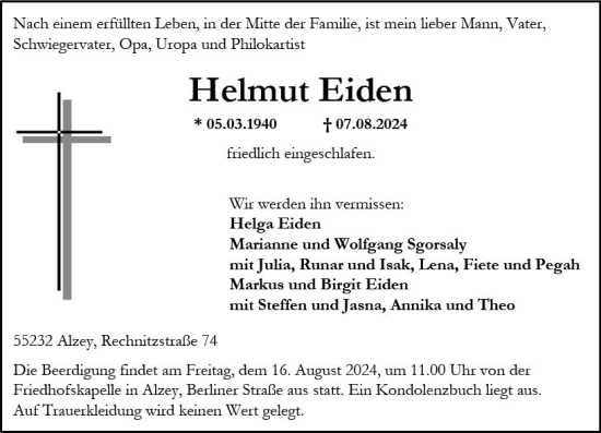 Traueranzeige von Helmut Eiden von Allgemeine Zeitung Alzey