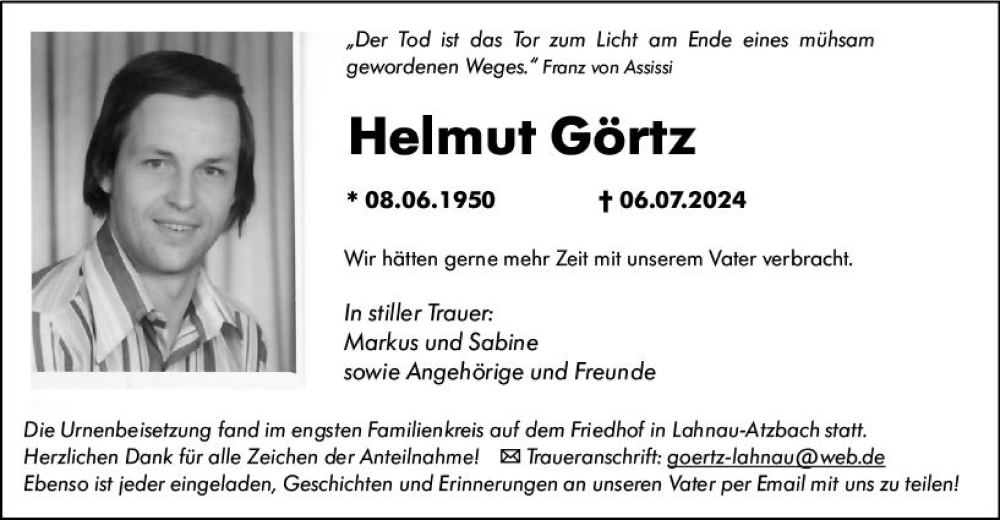  Traueranzeige für Helmut Görtz vom 24.08.2024 aus Wetzlarer Neue Zeitung