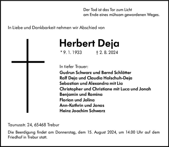 Traueranzeige von Herbert Deja von Rüsselsheimer Echo