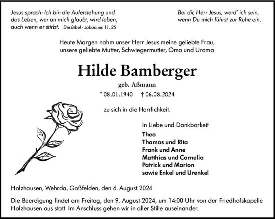 Traueranzeige von Hilde Bamberger von Hinterländer Anzeiger