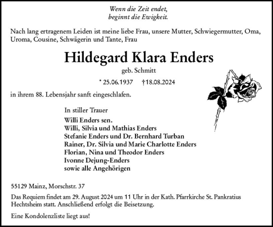 Traueranzeige von Hildegard Enders von Allgemeine Zeitung Mainz