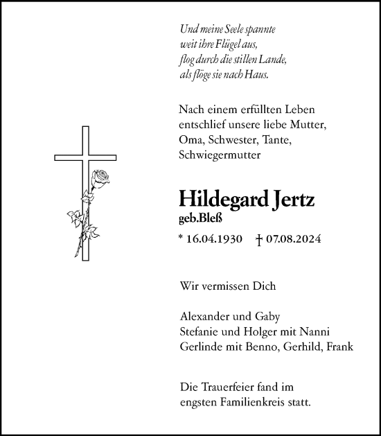 Traueranzeige von Hildegard Jertz von Allgemeine Zeitung Mainz