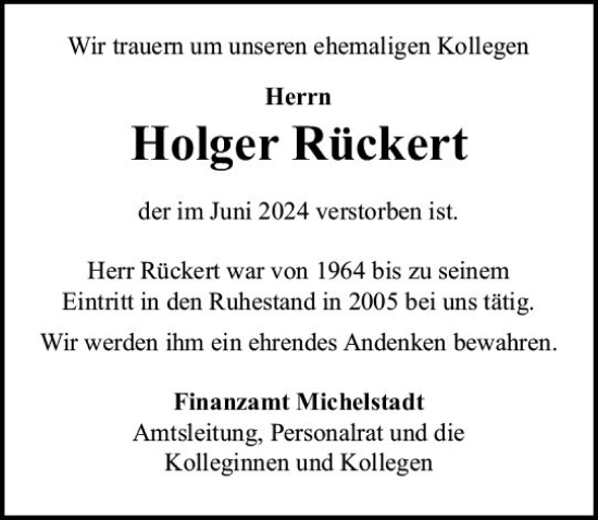 Traueranzeige von Holger Rückert von Odenwälder Echo