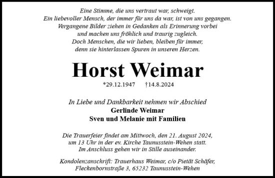Traueranzeige von Horst Weimar von Wiesbadener Kurier