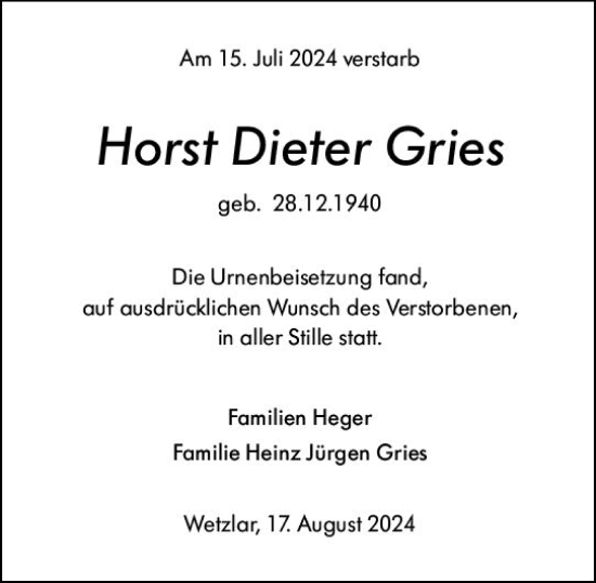 Traueranzeige von Horst Dieter Gries von Wetzlarer Neue Zeitung