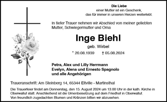 Traueranzeige von Inge Biehl von Wiesbadener Kurier