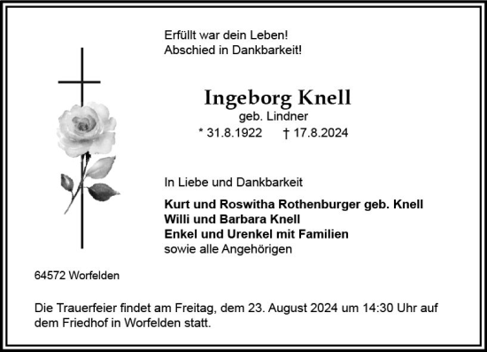 Traueranzeige von Ingeborg Knell von Groß-Gerauer Echo