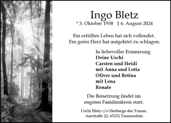 Traueranzeige von Ingo Bletz von Wiesbadener Kurier
