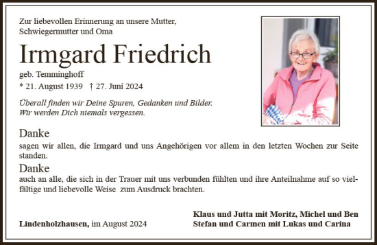 Traueranzeige von Irmgard Friedrich von Nassauische Neue Presse
