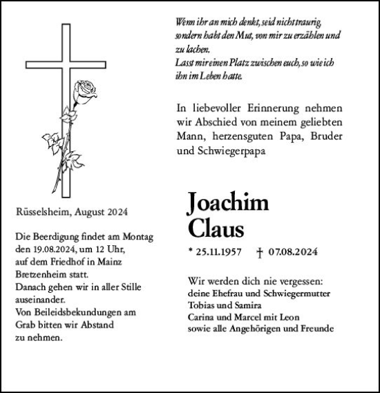 Traueranzeige von Joachim Claus von Rüsselsheimer Echo