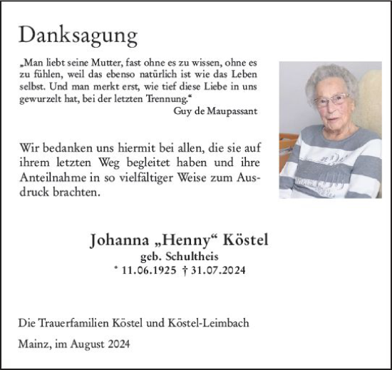 Traueranzeige von Johanna Köstel von Allgemeine Zeitung Mainz