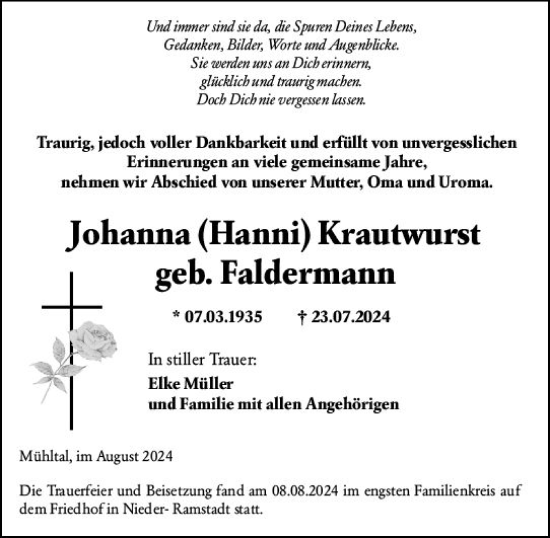 Traueranzeige von Johanna Krautwurst von Darmstädter Echo