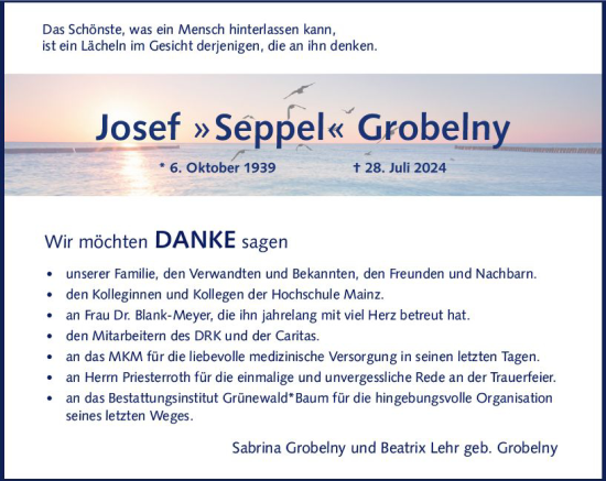 Traueranzeige von Josef Grobelny von Allgemeine Zeitung Mainz