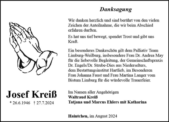 Traueranzeige von Josef Kreiß von Camberger Anzeiger